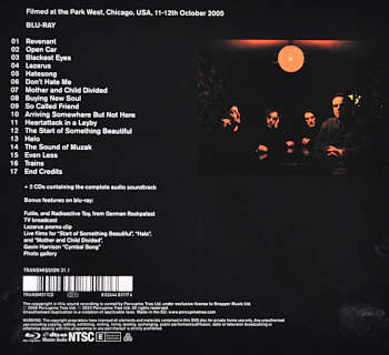 2 CD + BluRay Live Album "Arriving Somewhere..." by Porcupine Tree. Backcover